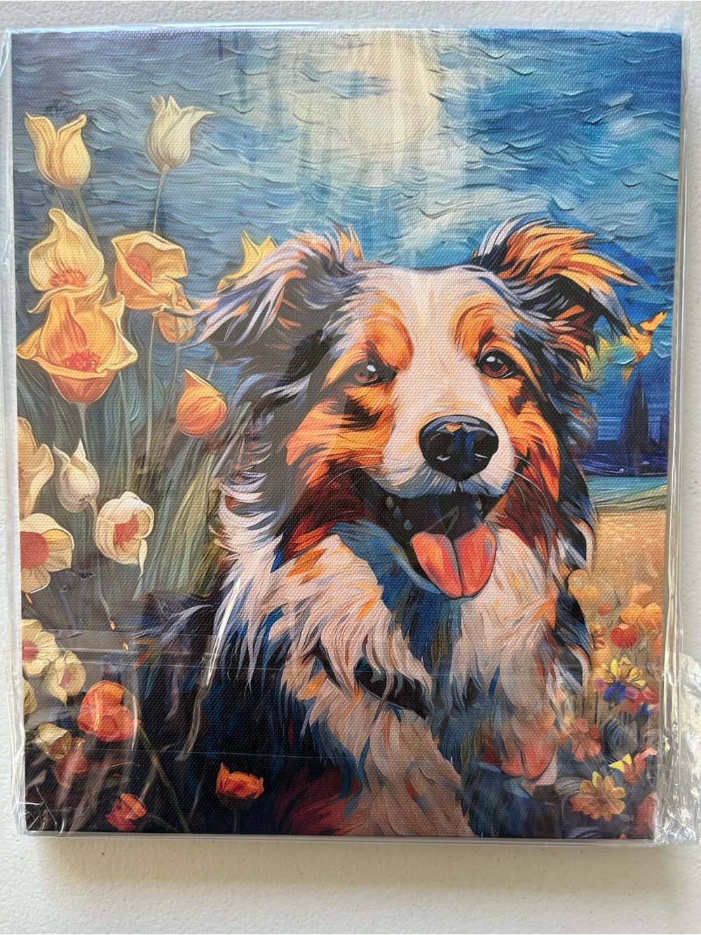 Border Collie Dog Canvas Art Panel - Colorful Blue & Orange Pet Portrait